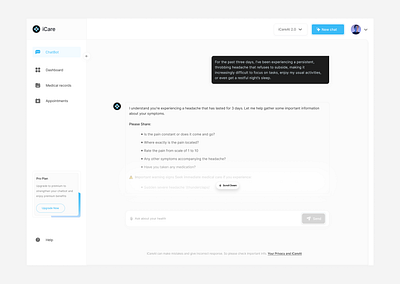 iCare Chatbot Screen ai dashboard product design ui uiux ux