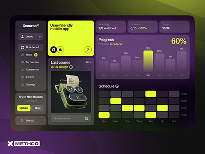 Learning management system app calendar chart dark theme dashboard design figma interface learning lms management progress schedule school statistics study teach ui ux web