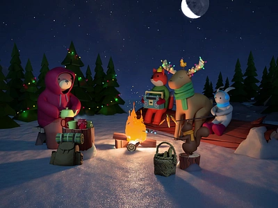 Winter campfire 3d animation blender character design