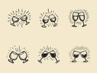 Champagne Glasses and Cheers Flat Design. Toast. blackwhite branding champagne cheers creative doodle draw flat design glass glasses graphic design hand drawn illustration illustrative line art logo toast vector wine glass