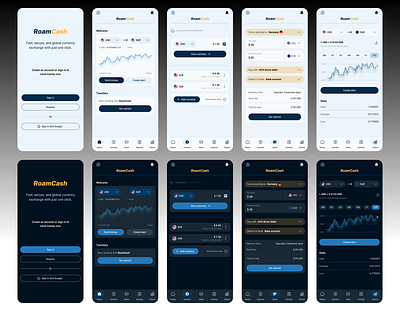 Exchange currency RoamCash light &dark mode app design curreny dark mode light mode product design ui uiux web web design