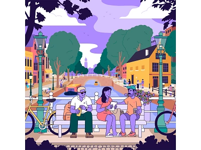 Discovering Amsterdam adobe amsterdam bicycle characterdesifn destination illustration illustrator line muti purple sightseeing travel travelapp vector yellow