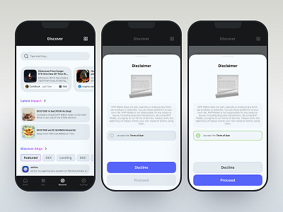 Disclaimer agreement application bitcoin branding browse btc crypto dapp design disclaim discover hire mobile open work process system termofuse ui ux wallet