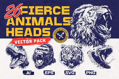 26 Fierce Animals Heads Vector Pack animal head animals design element graphic design graphic for sale graphic goods grunge mascot t shirt graphics vector vector pack