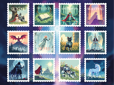 Medieval stamps art collection design fantasy flat magic medieval paint pictures stamps stamps design vector