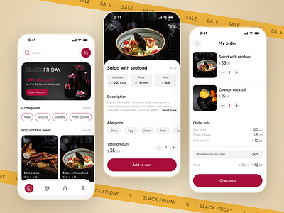 Food Order & Delivery App | Black Friday banner black friday checkout discount dishes food food and drink food app food delivery food delivery app foodie main screen mobile app order details order info orders restaurant app total amount ui design ux ui