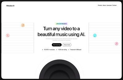 🎸 Melodize AI - Your personal AI music agent 3d ai animation app branding buttons colors design graphic design illustration landing page logo minimalist motion graphics music product design sidebar ui ux