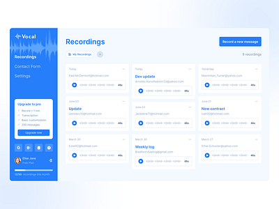 Vocal Dashboard app blue dashboard interface light recording saas ui voice