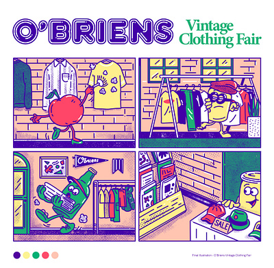 O'Briens Vintage Clothing Fair Poster artwork branding cartoon character design design drawing freelance illustrator graphic design illustration illustrator poster design vector