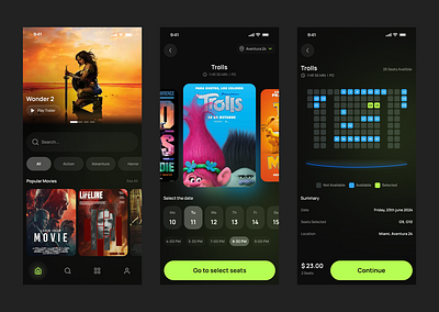 Movie Ticket Booking animation app design app idea app ui design app ux design creative app design creative design dark app dark app design dark mode design illustration landing page design modern app movie animation movie app design movie booking app ui uiux user experience webapp design