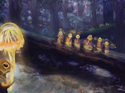 Night Travels chipmunks digital art fantasy forest illustration lights mushroom noight