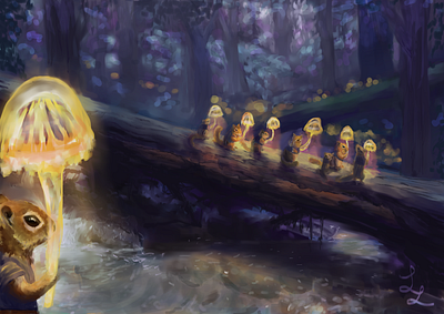 Night Travels chipmunks digital art fantasy forest illustration lights mushroom noight