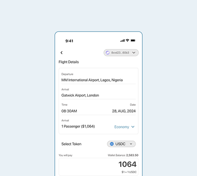 Booking app - Pay with crypto booking app crypto flight solana ui usdc