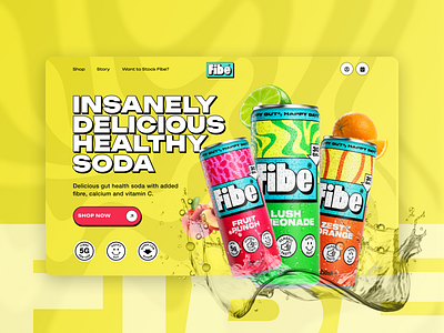 E-commerce for a Healthy Soda - DrinkFibe design drink e commerce fizzy drink framer health landing page lemon orange peach shopify soda store strawberry ui ux webdesign yellow