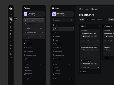 Task Manager Navigation - Dark mode app dark mode navigation productivity saas side bar task management to do ui ux