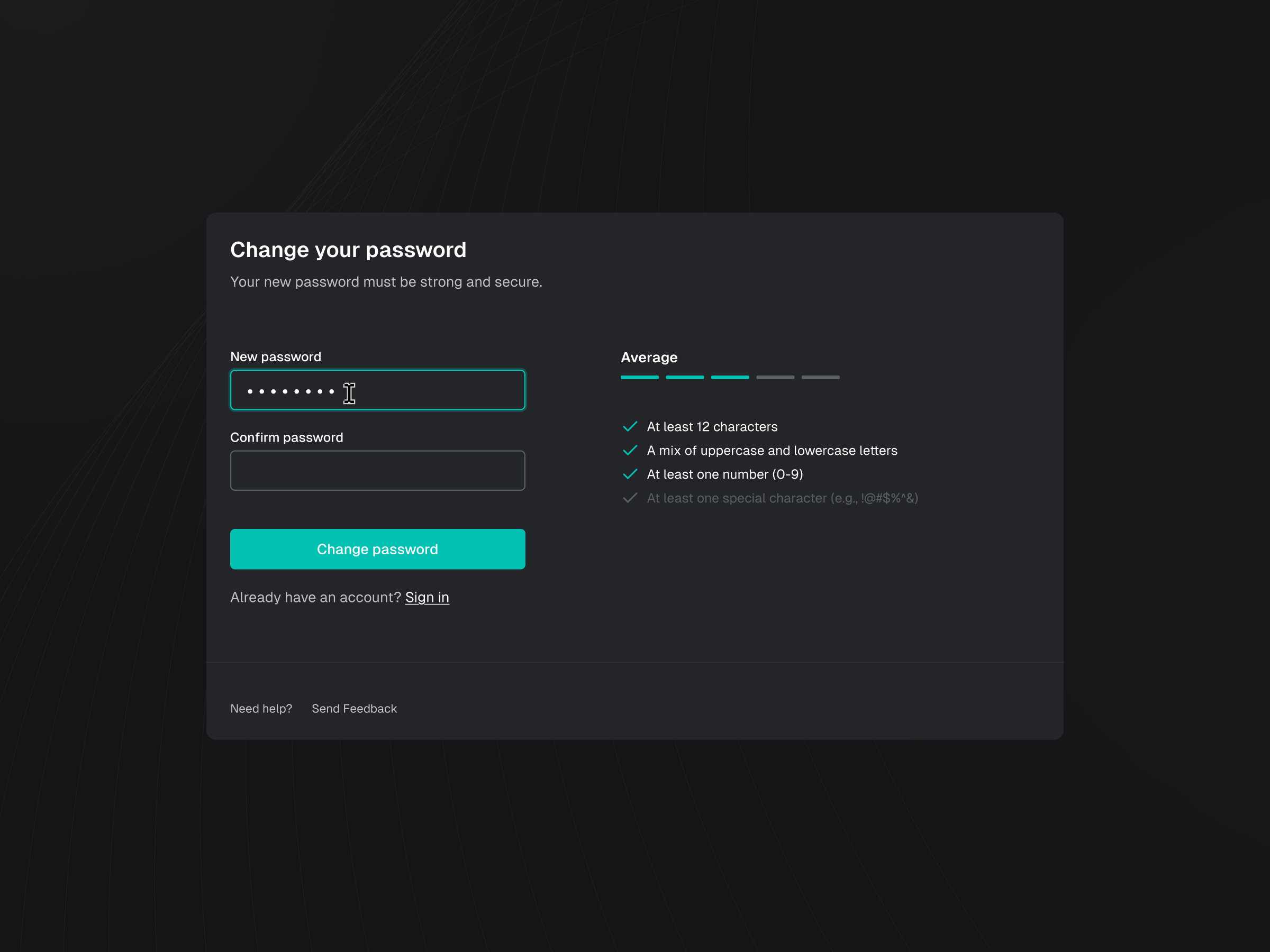 Change your password 0auth authentication average button change your password characters dark dark mode darkmode figma input modal password product design strong text field ui ux weak web design
