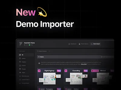 New pixfort Core Demo Importer branding dark demo importer elementor import interface light modal pixfort popup search sketch tabs tailwind template theme ui web design wordpress wpbakery
