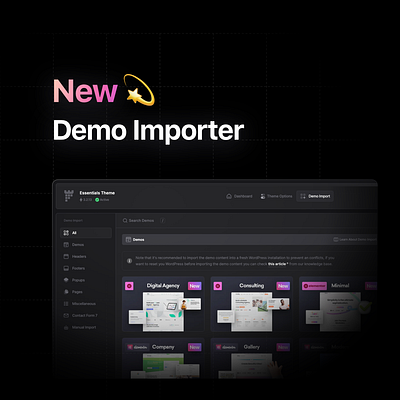 New pixfort Core Demo Importer branding dark demo importer elementor import interface light modal pixfort popup search sketch tabs tailwind template theme ui web design wordpress wpbakery