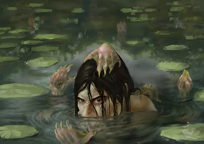 Unwilling Sacrifice digital art fantasy horror illustration monsters painting pond