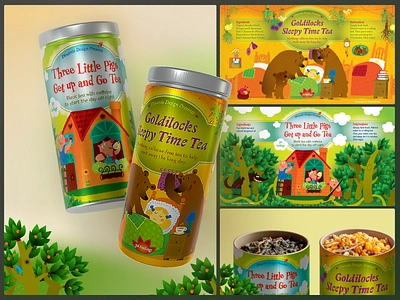 Fairy Tale Tea Packaging Illustrations for Dinadro Design creative packaging fairy tale illustration food and beverage illustration goldilocks hand drawn illustration packaging product design storytelling branding tea branding tea packaging three little pigs whimsical art