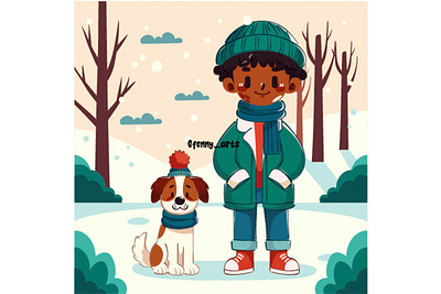 Boy is Playing Dog Winter Day Illustration boots boy cartoon character coat cold cozy dog forest friendship illustration landscape nature outdoor pet seasonal snow snowball trees winter