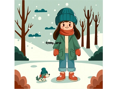 Girl is Playing Dog Winter Day Illustration animals boots character cold cozy dog fashion forest girl gloves hat landscape nature outdoor scarf snow trees warm weather winter