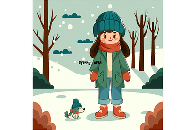 Girl is Playing Dog Winter Day Illustration animals boots character cold cozy dog fashion forest girl gloves hat landscape nature outdoor scarf snow trees warm weather winter