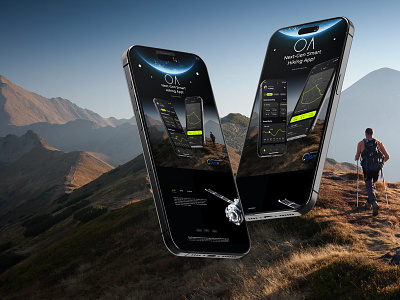 Hiking App Design - Outdoor Aficionados adventure app app design aqomi branding climbing communication concept art futuristic gps hiking app map minimal mountains navigation outdoor outdoor adventure satellites space technology app ux design