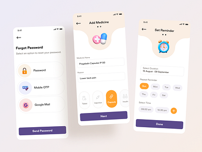 Medicine Reminder App 3d add medicine date time doctor forgot password google healthcare hospital illustration mail medical mobile otp neel patient prakhar reminder sharma tablet ui ux