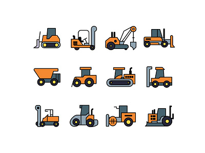 Construction Vehicle Icons branding bulldozer cartoon vehicle clean design construction equipments construction industry construction vehicles creative graphic design community design trends dumptruck excavator flat design forklift graphic design heavy machinery icon design icon set roller social media icon