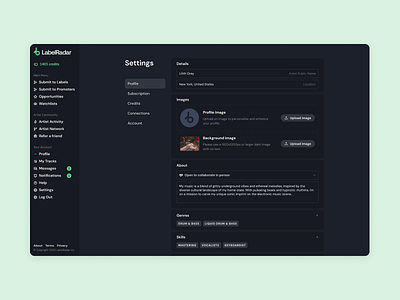 LabelRadar Settings 2.0 b2c music producer producer set up settings ui visual design
