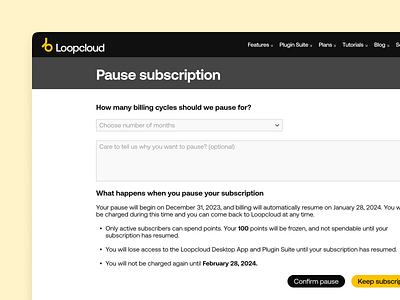 Loopcloud's Pause Subscription Feature growth music pause pause subscription retention samples subscription ui ux