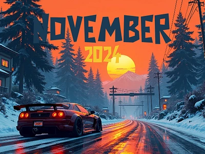 November 2024 2024 2d artwork car challenge illustration landscape mountain november orange sky pixel art snow trees vehicle