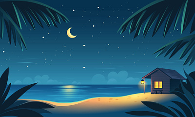 Night Comes Alive art beach bungalow corals evening hawaii house illustration illustrator moon nature night ocean palmtree procreate seaside shack stars sky tropical vector