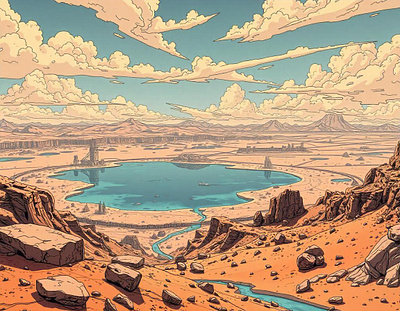 The Crimson Mirage: Life Amidst the Martian Sands blue comic desert freepik future ecosystem illustration innovation lake landscape mars paradise planet red planet sand space space exploration tracingflock wasteland