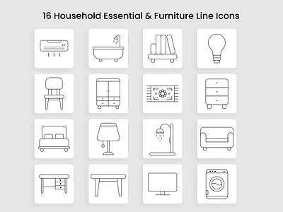 16 Household Essentials & Furniture Line Icons adobe illustrator adobe xd air conditioner icon amenities icons bathtub icon book shelf icon bulb icon essentials icons figma furniture household icons icons lamp icon line icons line icons download shower icon study table icon table icon tv icon washing machine icon