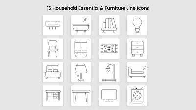 16 Household Essentials & Furniture Line Icons adobe illustrator adobe xd air conditioner icon amenities icons bathtub icon book shelf icon bulb icon essentials icons figma furniture household icons icons lamp icon line icons line icons download shower icon study table icon table icon tv icon washing machine icon