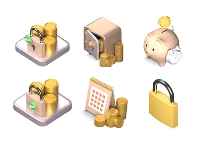 Custom Banking 3D Icons 3d 3d banking icons 3d coins bank calendar coins custom icons digital banking finance fintech design graphic design illustration isometric isometric icons lock locker piggy render safe box