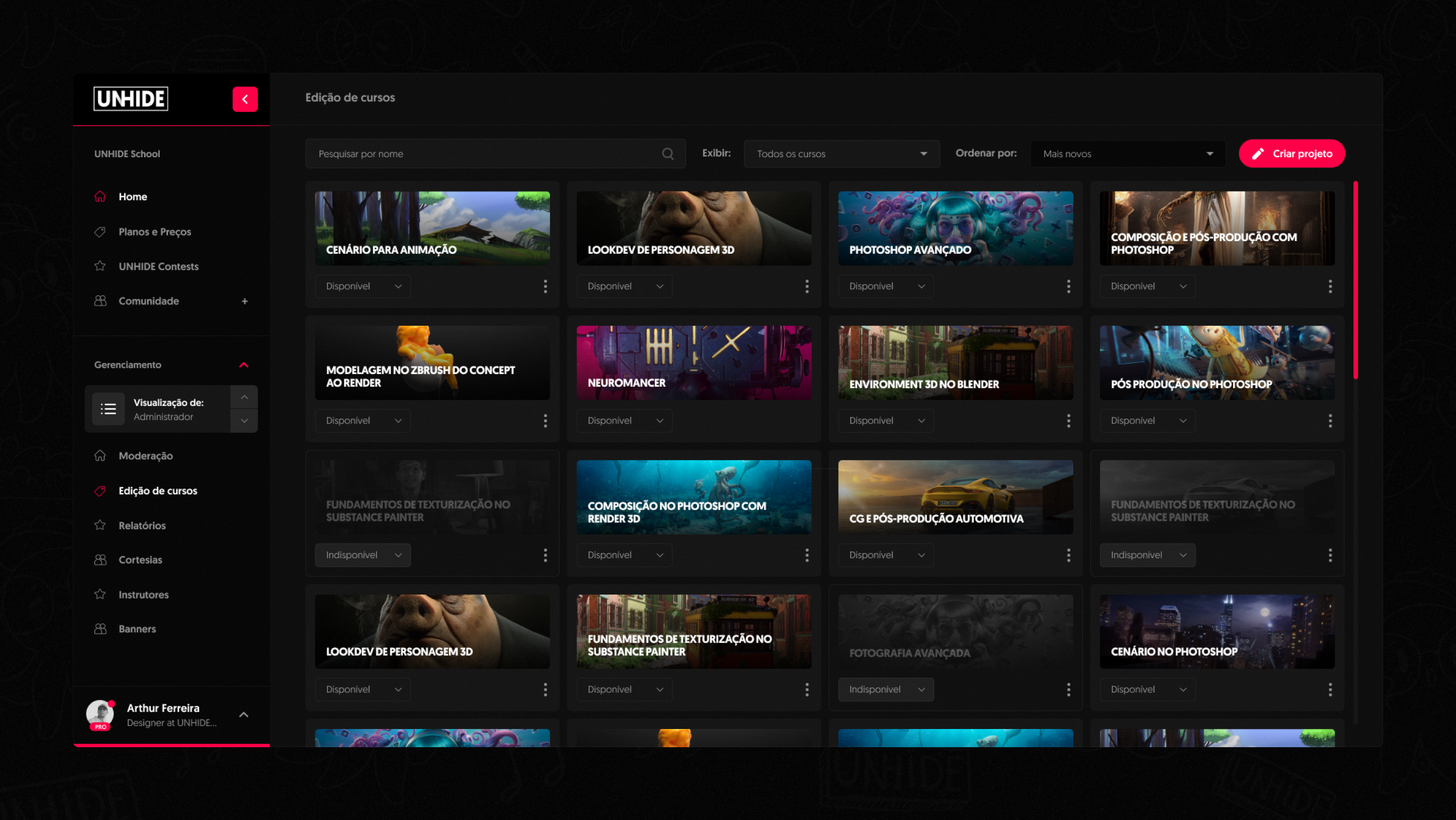 UNHIDE Dashboard for course management courses dashboard design interface layout management school ui uiux unhide unhide school ux