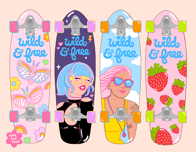 Inclusive Skateboard Art - Surf Skate - Illustration branding butterflies colorful illustration skateboard art skateboarding strawberries