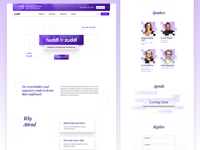 Huddl With Zuddl - Building and Growing User Conferences banner event gradient grid landing page pixel purple skeumorphism virtual event visual identity