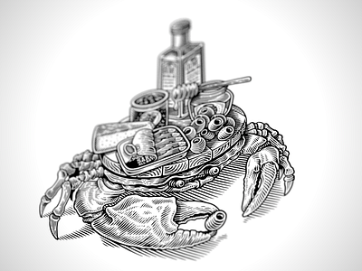 Crabcuterie branding bw illustration scratchboard seafood whimsical