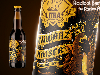 Litra Schwarz Kaiser Label art artwork beer character craft dark design drawing eagle german gold gothic illustration ink inking king label lettering packaging schwarzbier