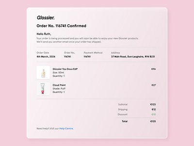 Daily UI 017// email receipt 017 dailyui ecommerce email glossier pink receipt ui ui design