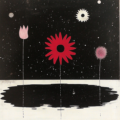 Cosmic Flowers Printmaking Retro Print Pink and Red Grunge Art album cover art backdrop background black cosmic cosmic flowers cover art flowers grunge handmade illustration pink printmaking red retro scene stars wallpaper world