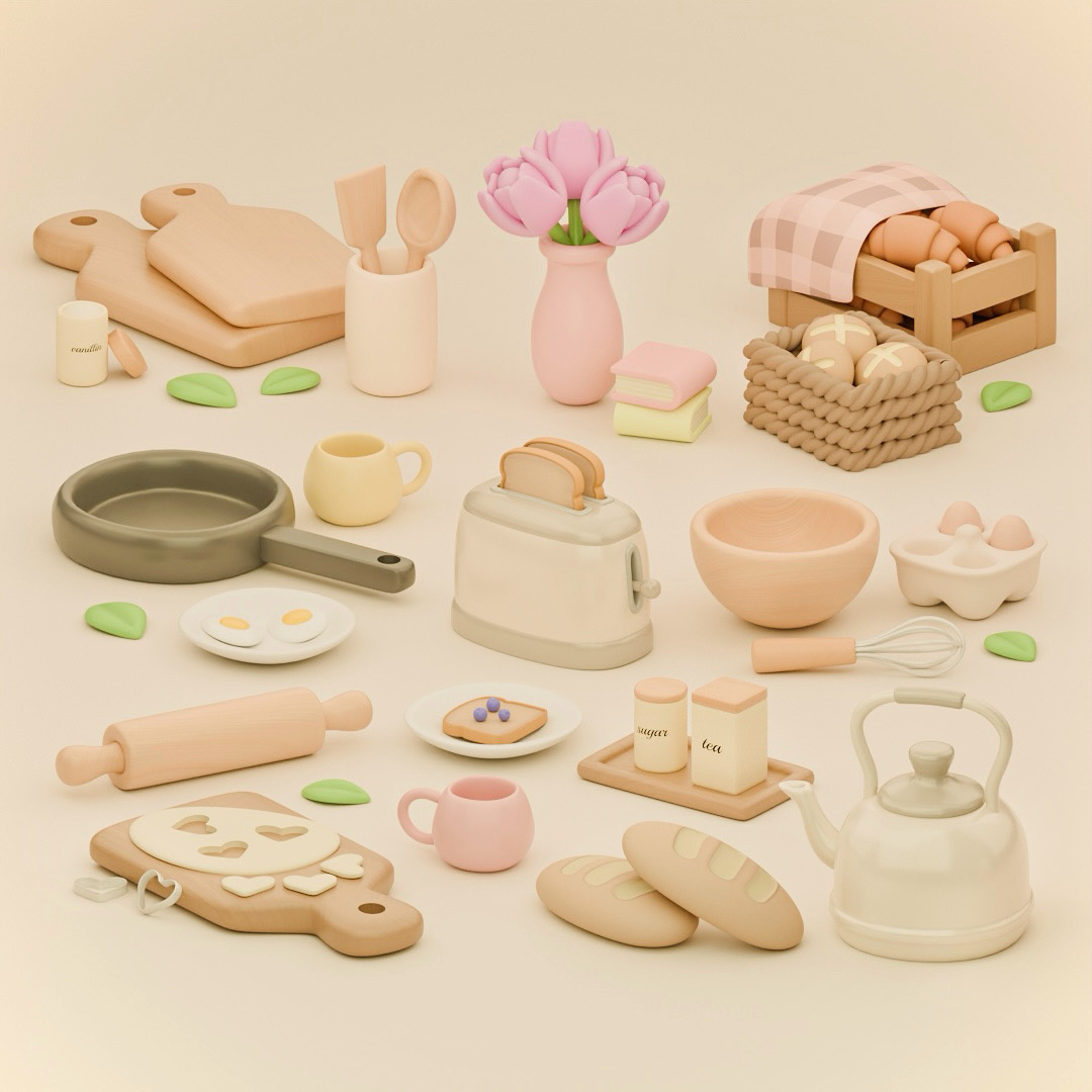 3D Kitchen Props 3d 3dart 3dmodel 3dmodeler 3dmodels 3dprops blender bread cup cute3d cuteart egg flower food isometric kitchen props room