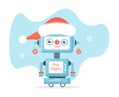 Funny blue robot wearing Santa's hat for Christmas. art branding decoration design graphic design illustration merry christmas modern print robot santa trend ui