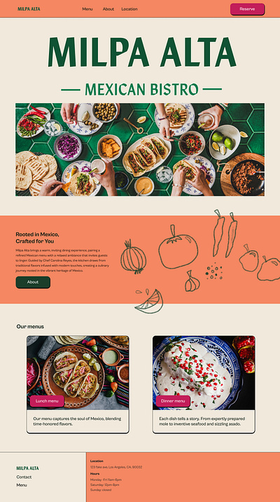 Milpa Alta restaurant website concept about page bright design colorful design illustration menu mexican food restaurant ui website