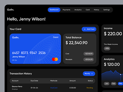 Gofin - Finance Dashboard Design application black blue card coin creative dark dashboard debit design finance financial money transaction web app website