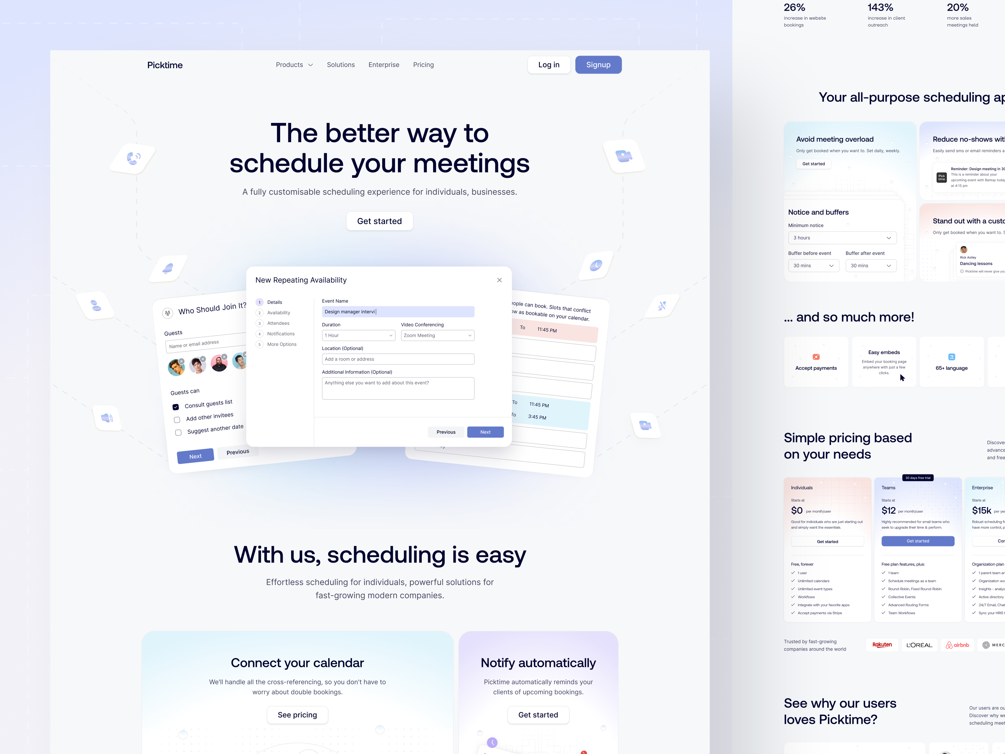 Picktime - Smart Meetings Platform SAAS appointments calendar conversations event home page landing page meeting platform meetings planning productivity project management saas scheduling tasks time management tools time track time tracking to do list uiux website design